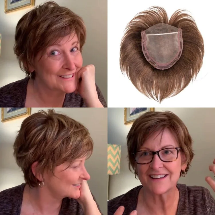 【BUY 2 GET 1 FREE 】Hight Quality Natural Short Hair Topper with Silk Base & Clip For Thinning Hair