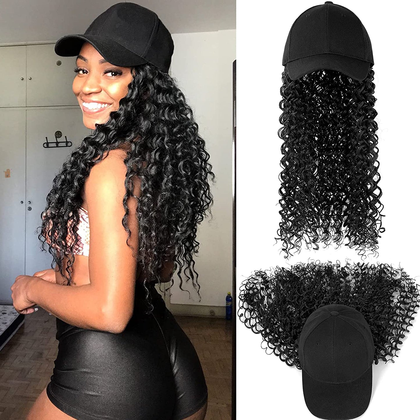 Ins Hot Baseball Cap with 16'' 20''Hair Extensions Adjustable Wig Hat Attached African Kinky Curly Hairpiece