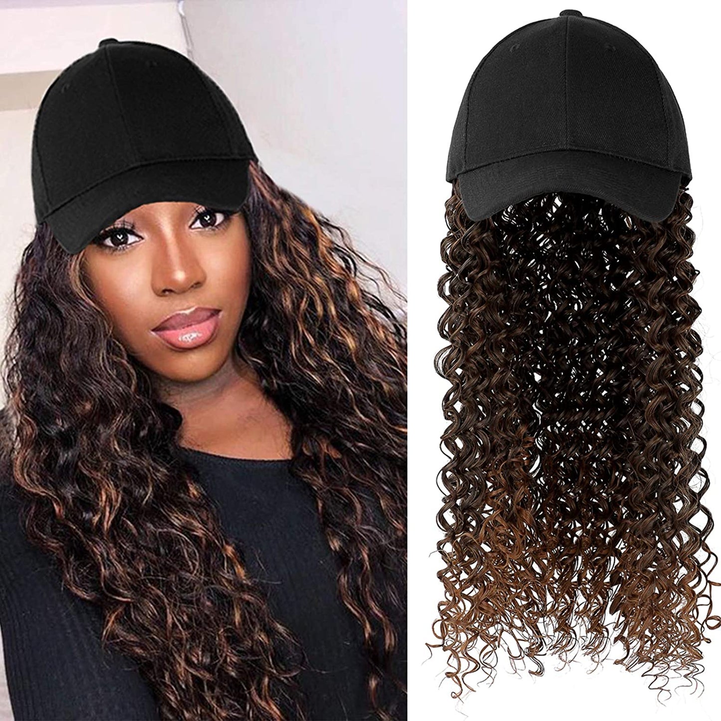 Ins Hot Baseball Cap with 16'' 20''Hair Extensions Adjustable Wig Hat Attached African Kinky Curly Hairpiece